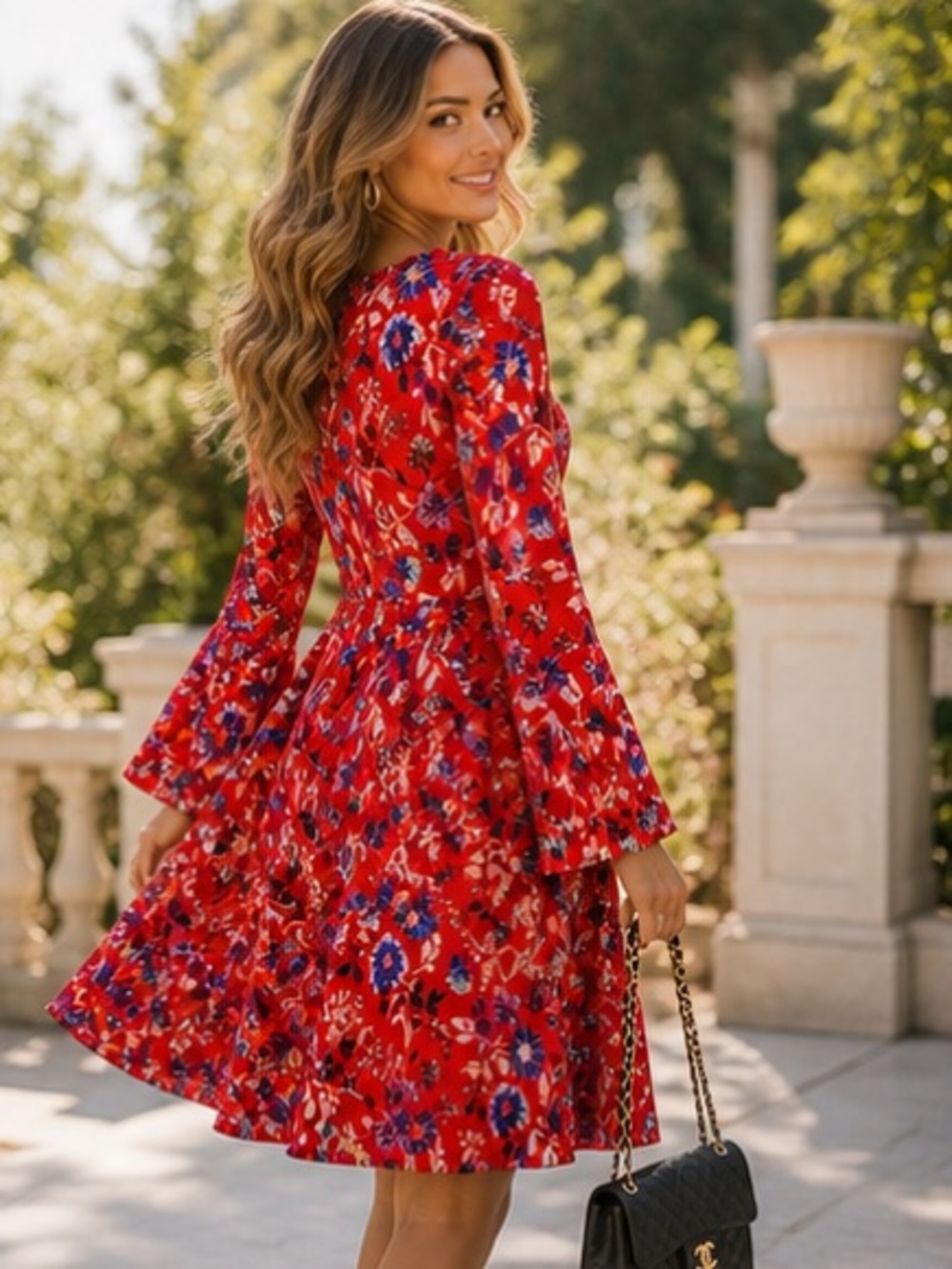 Donna Morgan Red Floral Dress Long Sleeve Fit & Flare |  Wedding Guest